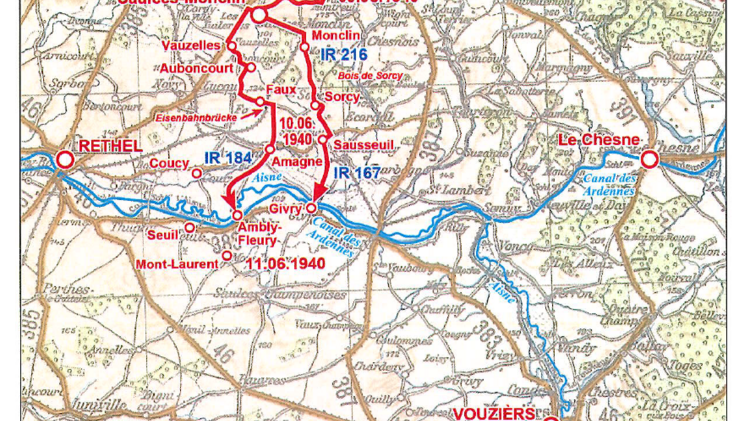 Ausschnitt einer Landkarte mit einer in rot markierten Frontlinie von 1940.